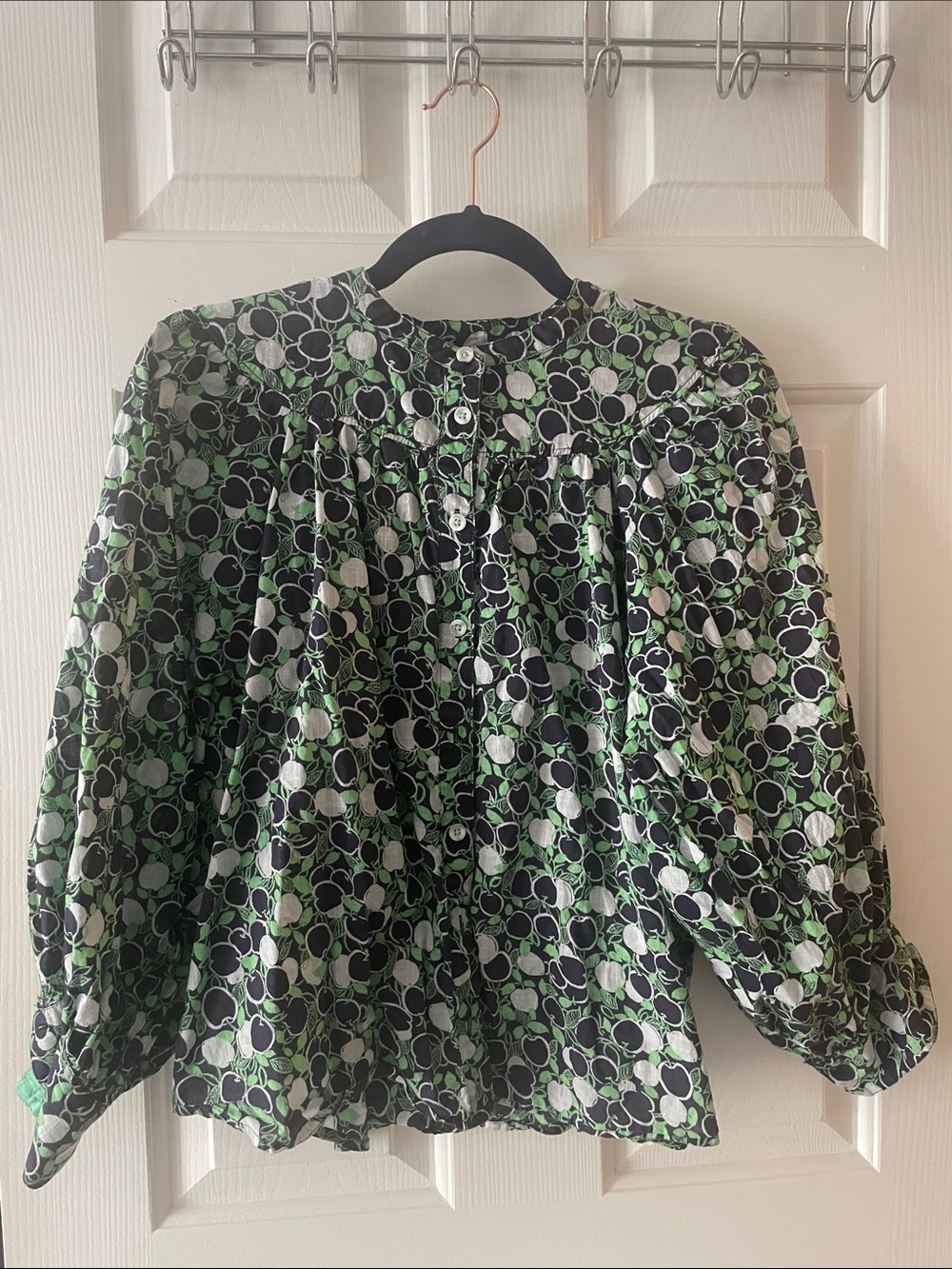 Anthro- Maeve Navy, Green and White fruit patterned summery blouse!
